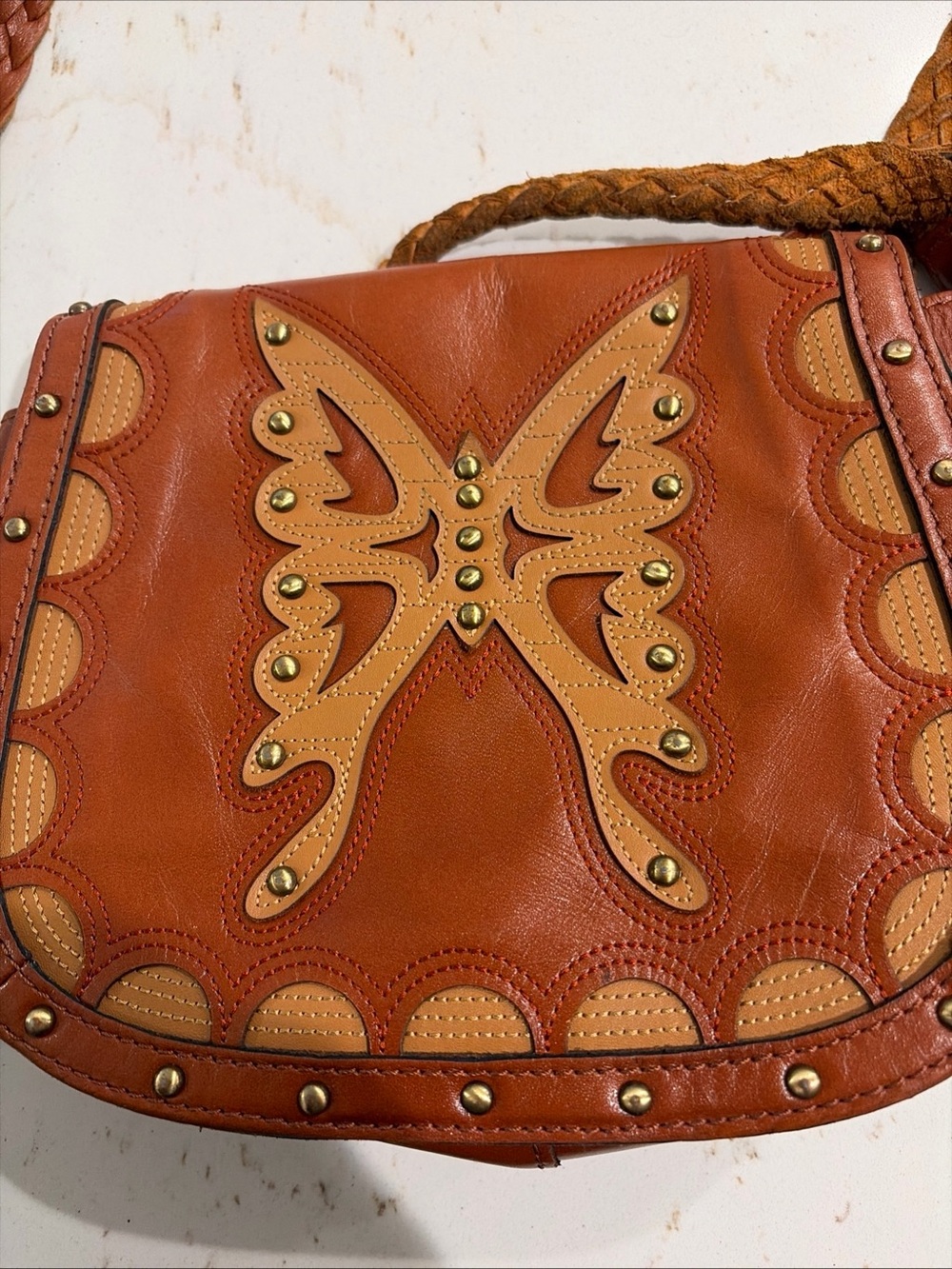 Patricia Nash Cognac and Tan Butterfly Studded Crossbody